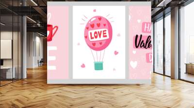 Valentine`s Day card set with hand draw lettering and cute elements. Cards, posters, brochures. Ideal for Valentine`s Day, wedding and birthday. Vector Wall mural